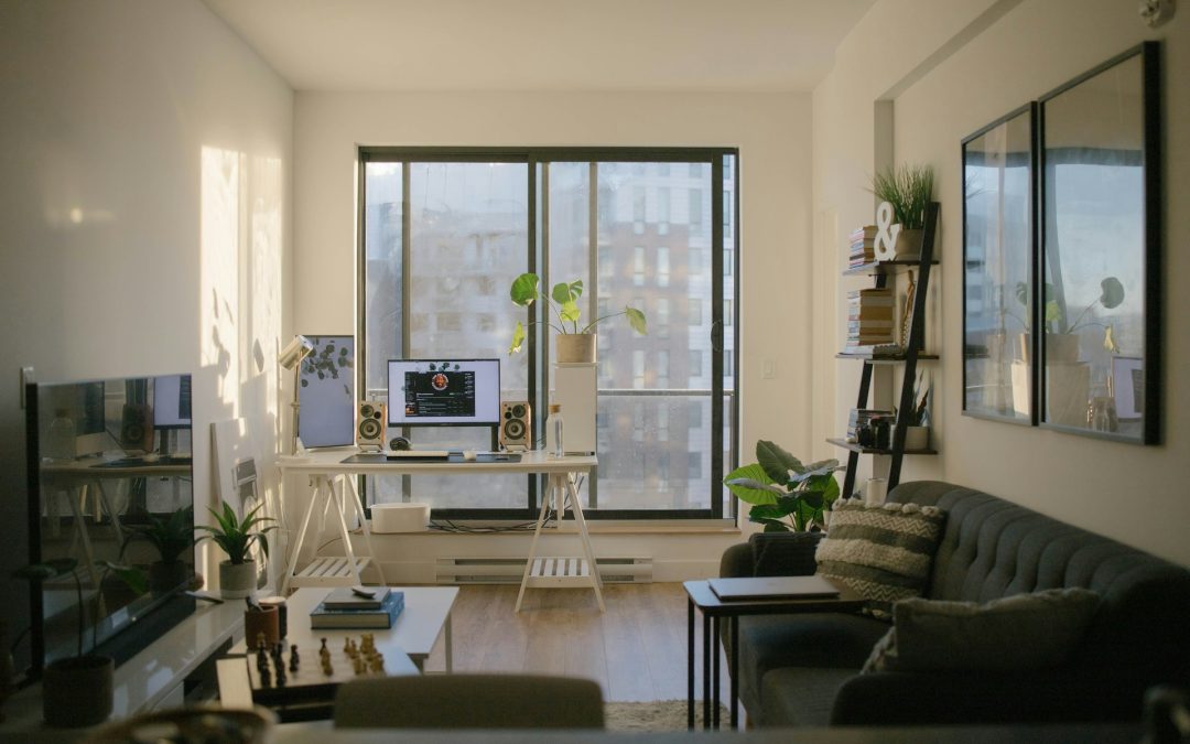 home office with windows